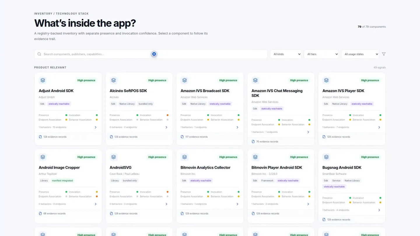 bhind report showing the technologies and services behind an Android app